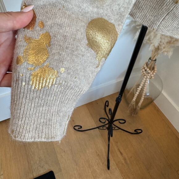Brodie Fine Cashmere Sweater Size S Beige with Gold Paint Splatter Design - Picture 3 of 9